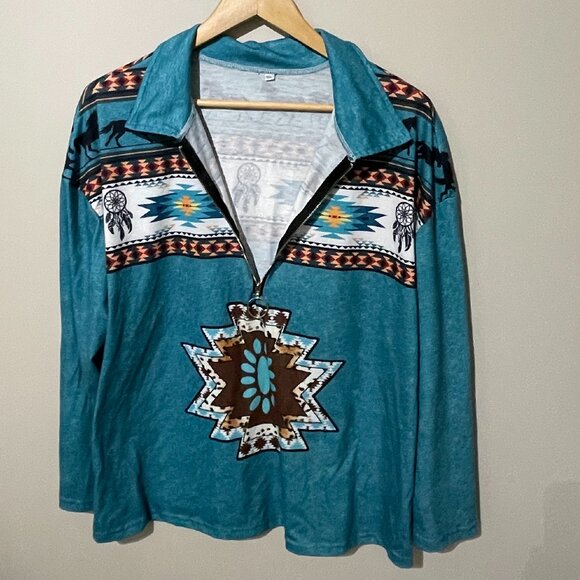 Southwestern Aztec Inspired Long Sleeve 1/4 Zip top 1X - Picture 3 of 6